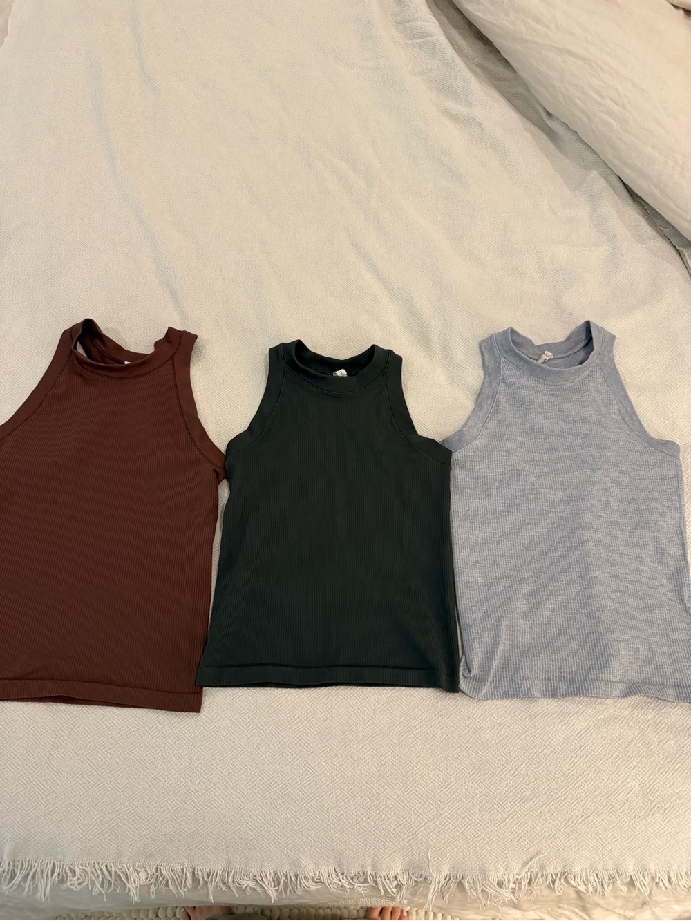 Athleta Ribbed Tank Trio in Brown, Dark Green, and Light Blue